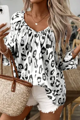 Leopard Print Ruched V Neck 3/4 Sleeve Blouse