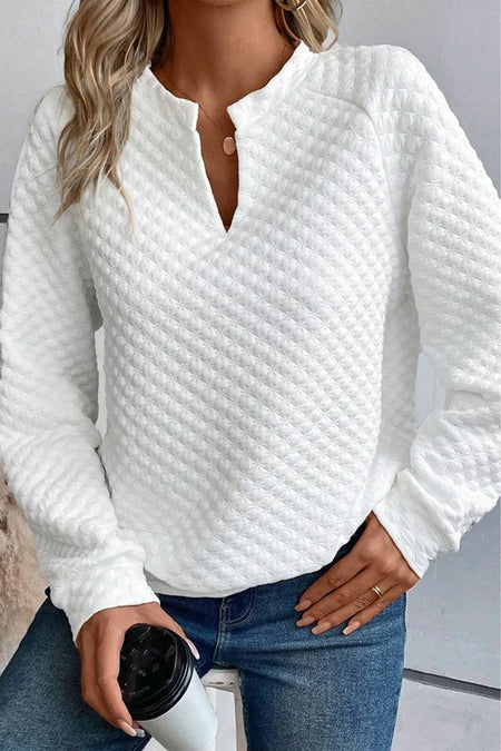 Split Neck Quilted Long Sleeve Top