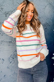 Colorful Striped Ribbed Trim Sweater