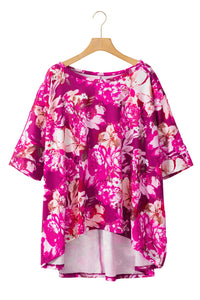 Red Floral Print Short Sleeve Plus Size Blouse