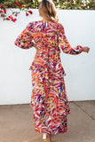 Abstract Print Ruffle Tiered Puff Sleeve Maxi Dress