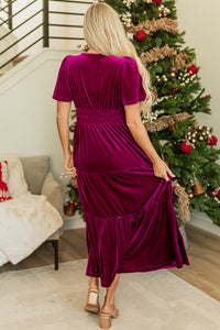 Velvet Short Sleeve Shirred Waist Tiered Maxi Dress