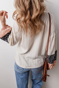 Floral Patchwork Textured Knit Drawstring V Neck Blouse