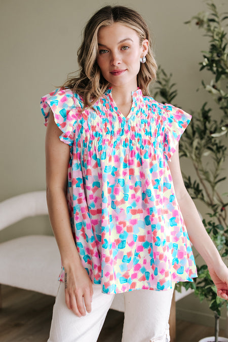 Shirred Yoke Ruffled Abstract Printed Blouse