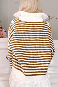 Stripe Zip up Collar Drop Shoulder Sweater