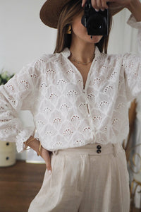 Fanshaped Lace Hollow out Split Neck Puff Sleeve Blouse