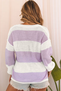 Striped Knit Button Ribbed Split Neck Sweater