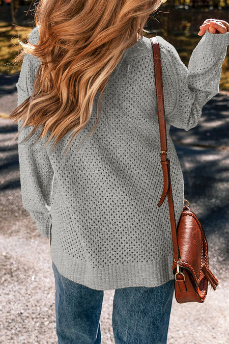 Loose Eyelet V Neck Drop Shoulder Sweater