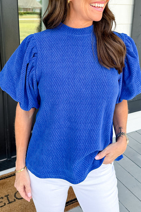 Solid Textured Puff Sleeve Mock Neck Blouse