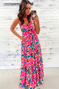 Rose Floral Twisted Smocked Back Tiered Maxi Dress