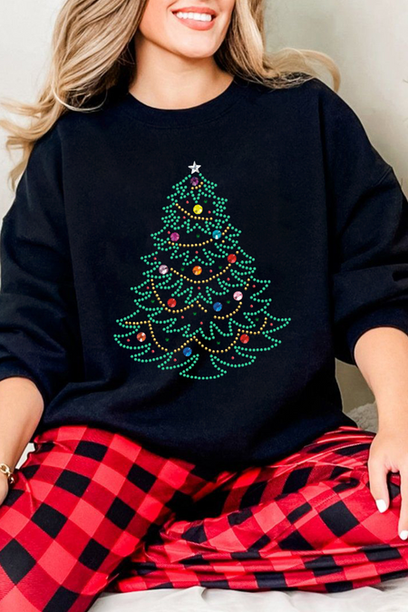 Rhinestone Christmas Tree Graphic Pullover Sweatshirt