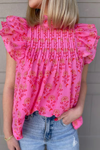 Floral Print Pleated Ruffled Flutter Sleeve Blouse