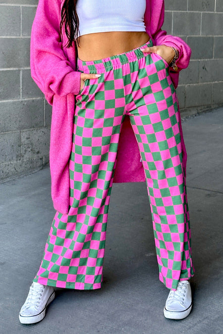 2-Tone Checked Print High Waist Wide Leg Pants