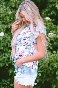 Floral Print Striped Ruffled Sleeve Blouse