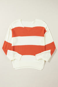 Stripe Loose Color Block Drop Shoulder Bubble Sleeve Sweater