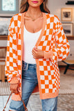 Orange Checkered Open Front Drop Shoulder Cardigan