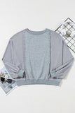 Waffle Patchwork Long Sleeve Raw Hem Pullover Top