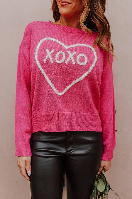 Heart XOXO Pattern Drop Shoulder Rib Knit Sweater