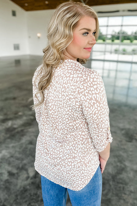 Leopard Tab Sleeve V Neck Plus Size Top