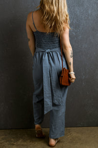 Smocked Spaghetti Straps Tied Back Wide Leg Jumpsuit