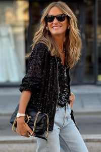 Sequin Zip up Round Neck Long Sleeve Jacket