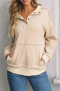 White Ribbed Hem Snap Button Neckline Sweatshirt with Pocket