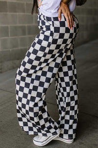 2-Tone Checked Print High Waist Wide Leg Pants