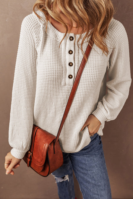 Waffle Knit Buttoned Front Raglan Sleeve Loose Blouse