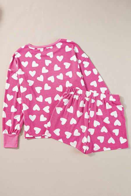 Valentine Heart Shape Print Long Sleeve Top Shorts Lounge Set