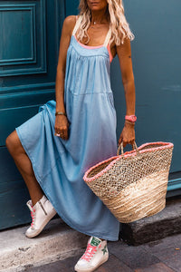 Contrast Straps Pocketed Long Chambray Dress