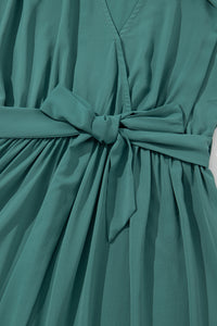 V Neck Wrap Pleated Short Sleeve Maxi Dress