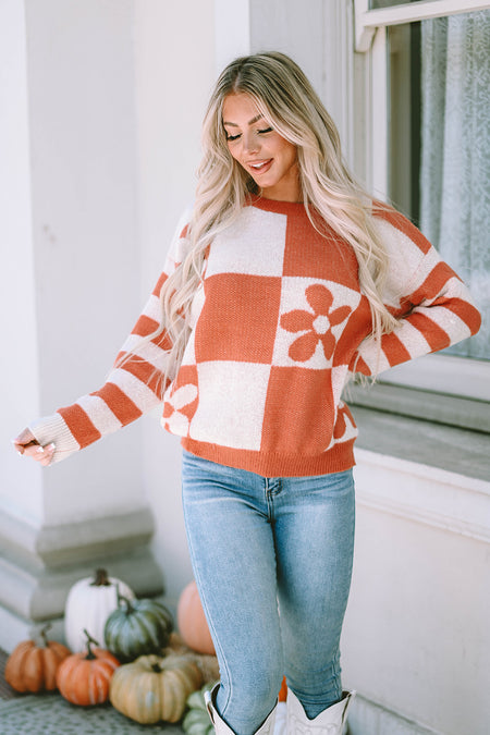 Checkered Floral Print Striped Sleeve Sweater