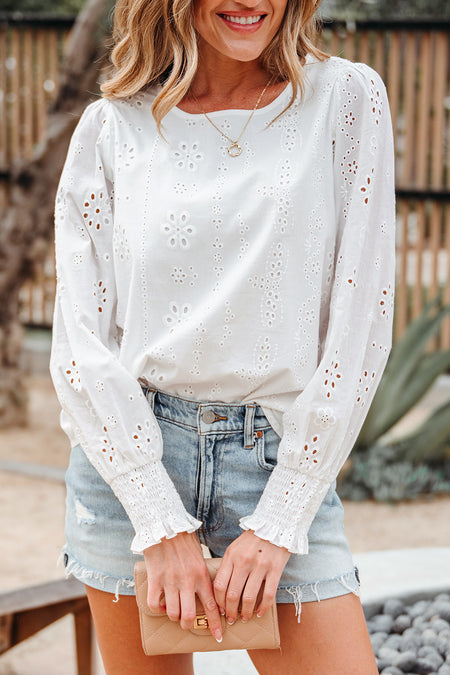 Eyelet Smocked Cuff Sheer Blouse