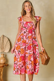 Floral Square Neck Ruffled Flutter Sleeve Tiered Midi Dress