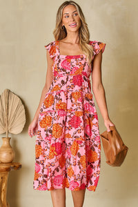 Floral Square Neck Ruffled Flutter Sleeve Tiered Midi Dress