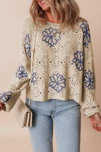 Flower Print Eyelet Drop Shoulder Sweater