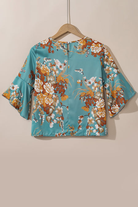 Mineral Blue Flare Sleeve Floral Blouse