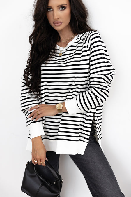 Stripe Raglan Sleeve Side Slits Loose Sweatshirt