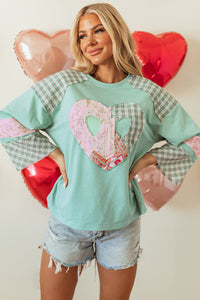 Plaid Floral Peace Heart Graphic Wide Long Sleeve Top