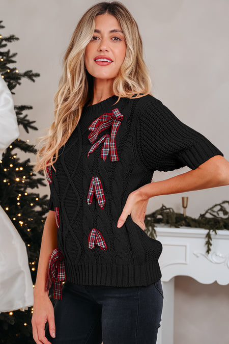 Plaid Lace Up Puff Sleeve Sweater