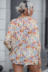Multicolor Shirred Cuffs Bubble Sleeve Floral Blouse
