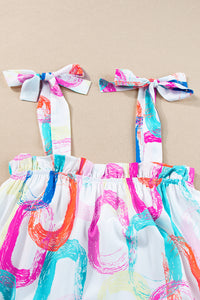 White Abstract Print Knotted Straps Ruffled Mini Dress