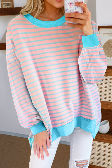 Stripe Contrast Trim High Low Pullover Tunic Sweatshirt