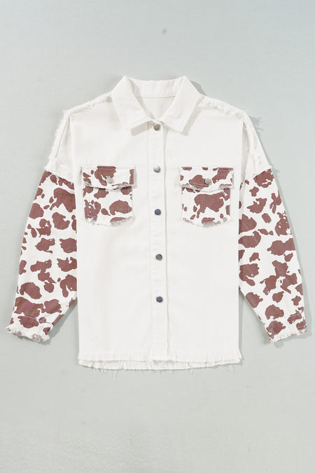 Cow Spot Patchwork Distressed Hem Long Denim Jacket