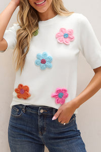 White Cute Flower Applique Short Sleeve Sweater