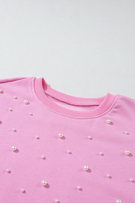 Pearl Detail Ribbed Crew Neck Sweatshirt