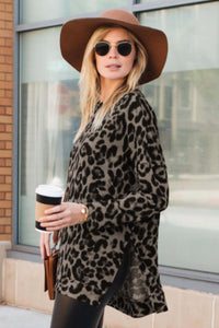 Leopard Long Sleeve Hi Low Side Slit Top