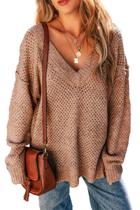 Loose Eyelet V Neck Drop Shoulder Sweater