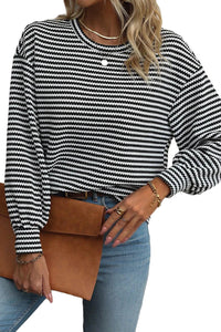 Stripe Round Neck Drop Shoulder Long Sleeve Top