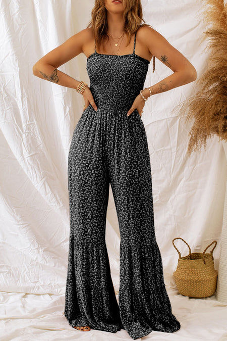 Thin Straps Smocked Bodice Wide Leg Floral Jumpsuit